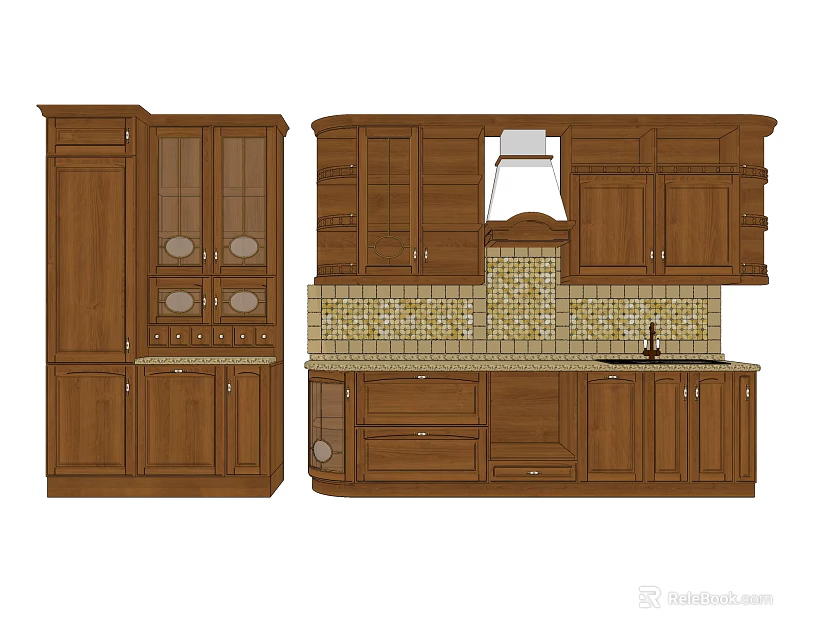 Brown Wooden Kitchen Cabinets With Glass Front Doors And Tiled Backsplash 3d model 