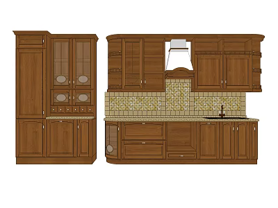 Brown Wooden Kitchen Cabinets With Glass Front Doors And Tiled Backsplash 3d model