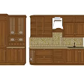 Brown Wooden Kitchen Cabinets With Glass Front Doors And Tiled Backsplash