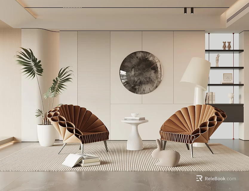 Modern Fan Shaped Chair And Small Round Table Set In Stylish Interior With Potted Plant Decor 3d model 