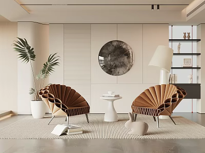 Modern Fan Shaped Chair And Small Round Table Set In Stylish Interior With Potted Plant Decor 3d model