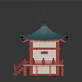 Cartoon Scenery Japanese Pavilion With Turquoise Roof Red Railings White Walls Hanging Lanterns And Steps