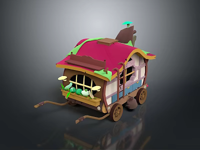 Colorful Cartoon Style Mobile Cart With Red Roof Windows Green Plants And Wheels 3d model