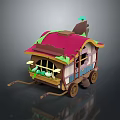 Colorful Cartoon Style Mobile Cart With Red Roof Windows Green Plants And Wheels