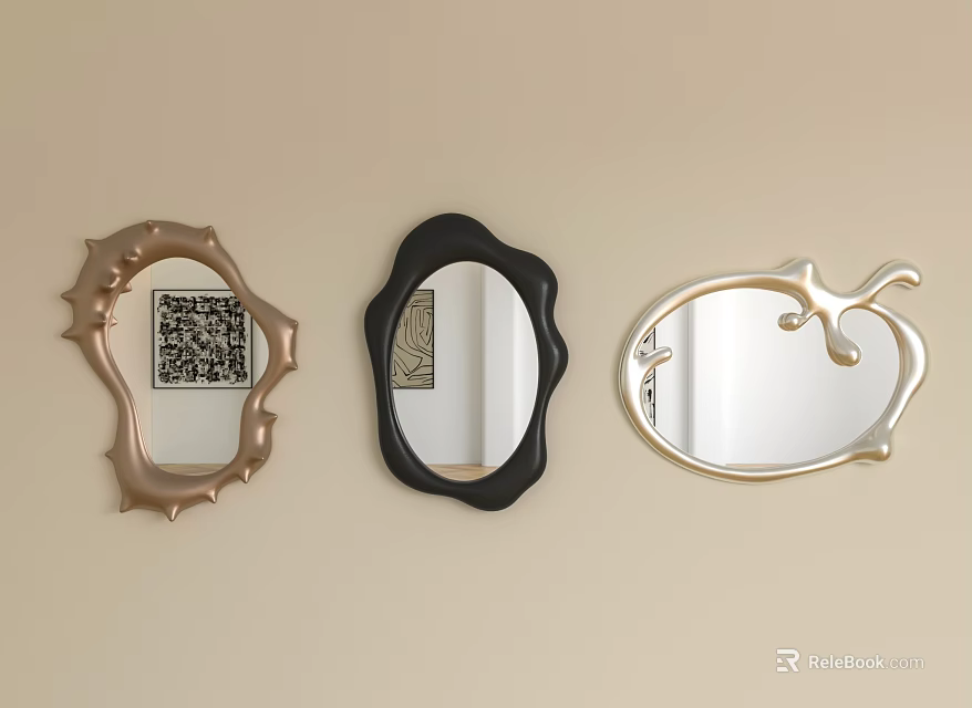 Three Decorative Mirrors with Different Shapes and Colors Mounted on Beige Wall 3d model