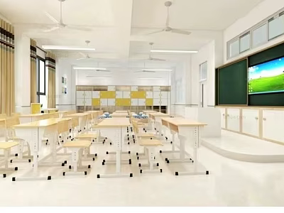 School Classroom With Tables Chairs Ceiling Fans Blackboard Large Screen And Yellow White Wall Design 3d model