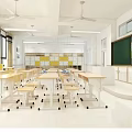 School Classroom With Tables Chairs Ceiling Fans Blackboard Large Screen And Yellow White Wall Design