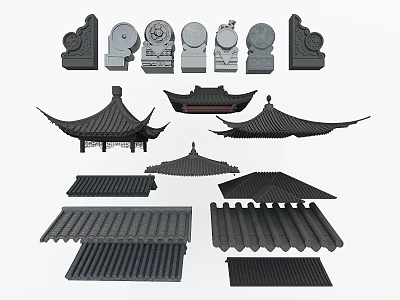 Traditional Chinese Architectural Components Featuring Roof Tiles Eaves and Decorative Elements 3d model