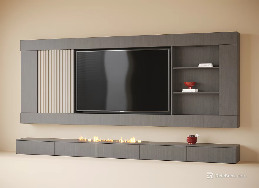 Modern Gray TV Wall Design with Large Screen TV Decorative Stripes and Cabinet 3d model 
