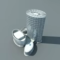 Modern Architectural Structure With Tall Cylindrical Tower Grid Facade And Circular Annexes 3d model