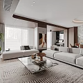 Modern Elegant Open Plan Living And Dining Room With Marble Accents And Warm Wood Furnishings
