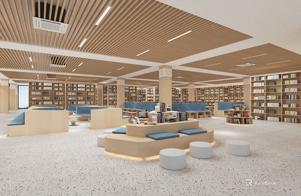 Artistic Library Interior Design With Bookshelves And Seating 3d model 