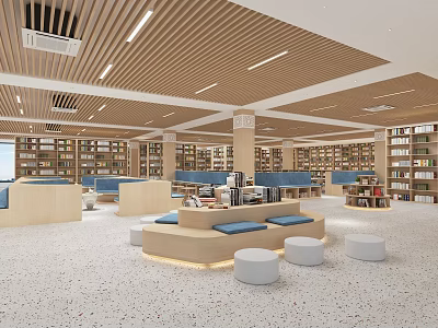 Artistic Library Interior Design With Bookshelves And Seating 3d model