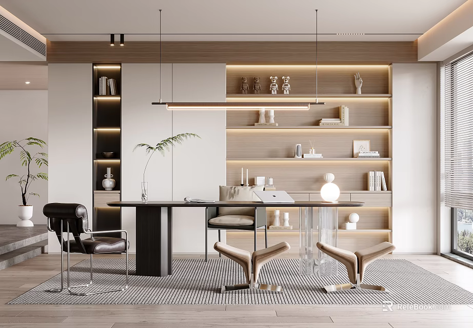 Modern Study Room Interior Design With Bookshelves Desk Chairs And Pendant Lights 3d model 