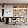 Modern Study Room Interior Design With Bookshelves Desk Chairs And Pendant Lights