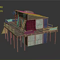 Elevated Wooden Stilt House Structure With Platform Staircase Red Fabric And Mixed Materials