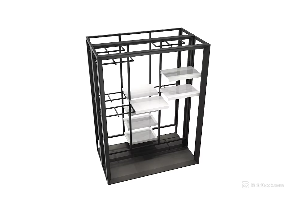 Modern Black Metal Frame Display Shelf with Open White Storage Shelves 3d model 