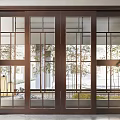 Dark Framed Sliding Doors with Grid Glass Panes and Natural Scenery View for Bright Indoor