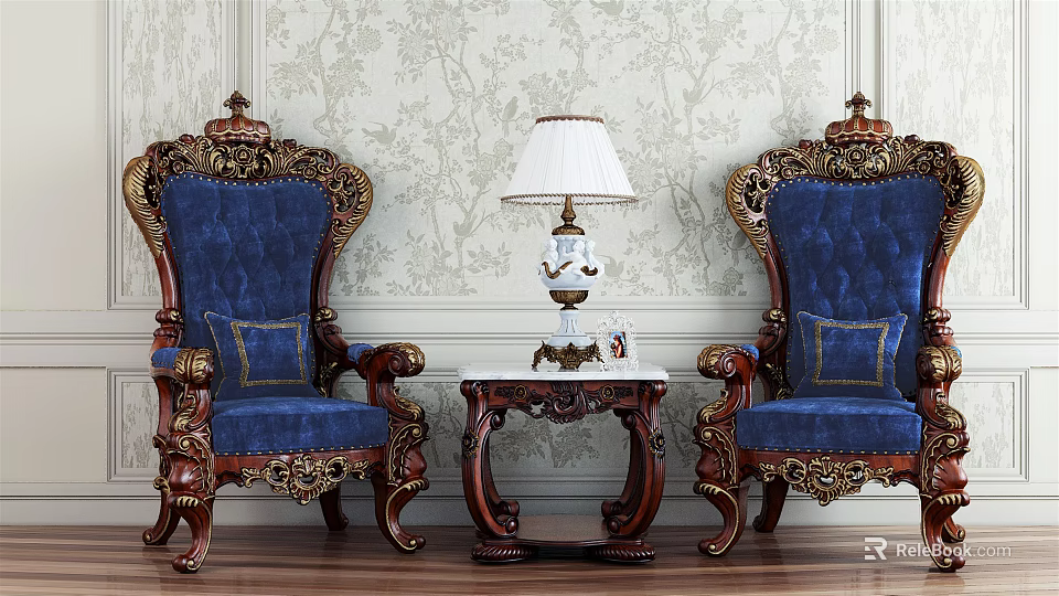 Leisure Blue Armchair Set with Ornate Carvings Side Table Lamp Photo Frame Floral Wallpaper Background 3d model 