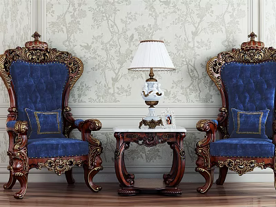 Leisure Blue Armchair Set with Ornate Carvings Side Table Lamp Photo Frame Floral Wallpaper Background 3d model