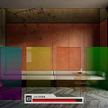 Colorful Glass Partition Design In Modern Interior With Seating And Herringbone Floor