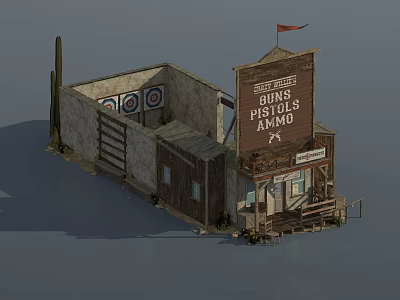 Western style Building Structure Featuring Shooting Range And Gun Shop With Wooden Sign And Targets 3d model