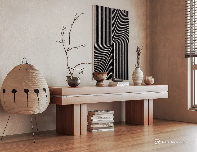 Modern Wooden Entryway Console Table With Decorative Vases Stacked Books And Wall Artwork 3d model 