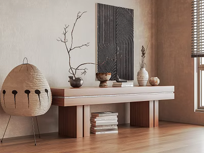 Modern Wooden Entryway Console Table With Decorative Vases Stacked Books And Wall Artwork 3d model