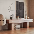 Modern Wooden Entryway Console Table With Decorative Vases Stacked Books And Wall Artwork