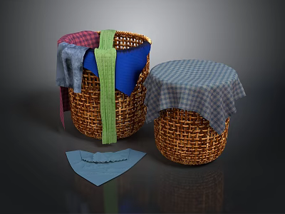 Woven Storage Baskets With Colorful Fabrics Checkered Cloth Cover And Blue Cloth 3d model