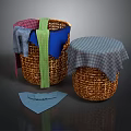 Woven Storage Baskets With Colorful Fabrics Checkered Cloth Cover And Blue Cloth