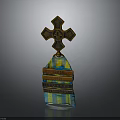 Decorative Cross Sculpture With Stacked Colored Wooden Planks And Intricate Carvings