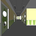 Modern Elevator Corridor With Green Yellow Walls Circular Patterns And Dark Flooring 3d model