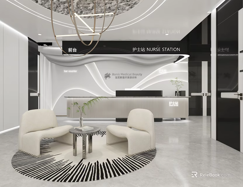 Modern Beauty Salon Reception Area With Chandelier Circular Carpet And White Chairs 3d model 