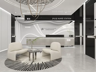 Modern Beauty Salon Reception Area With Chandelier Circular Carpet And White Chairs 3d model