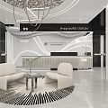 Modern Beauty Salon Reception Area With Chandelier Circular Carpet And White Chairs