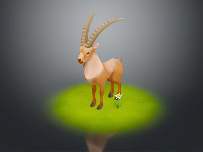 3D Rendered Antelope With Long Curved Horns Standing On Green Grass Near Small White Flower 3d model