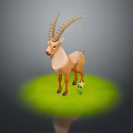 3D Rendered Antelope With Long Curved Horns Standing On Green Grass Near Small White Flower