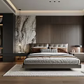 Modern Bedroom Interior Design With Marble Accent Wall Wooden Slats King Bed And Area Rug