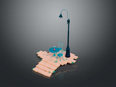 Street Lamp Table And Chair Setup On Brick Paved Outdoor Surface 3d model