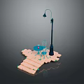 Street Lamp Table And Chair Setup On Brick Paved Outdoor Surface