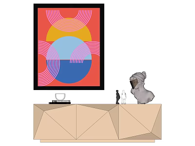 Vibrant Abstract Painting With Colorful Circles On Geometric Beige Cabinet And Gray Sculpture 3d model