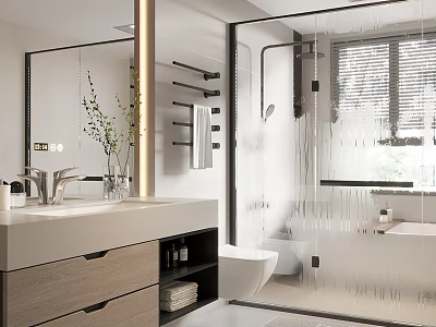 Modern Bathroom Interior Design With Glass Shower Enclosure Marble Countertop Vanity And Mirror 3d model