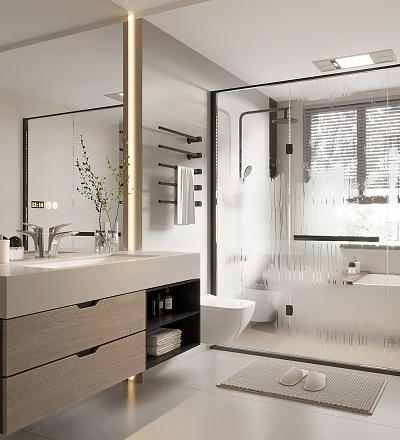 Modern Bathroom Interior Design With Glass Shower Enclosure Marble Countertop Vanity And Mirror 3d model