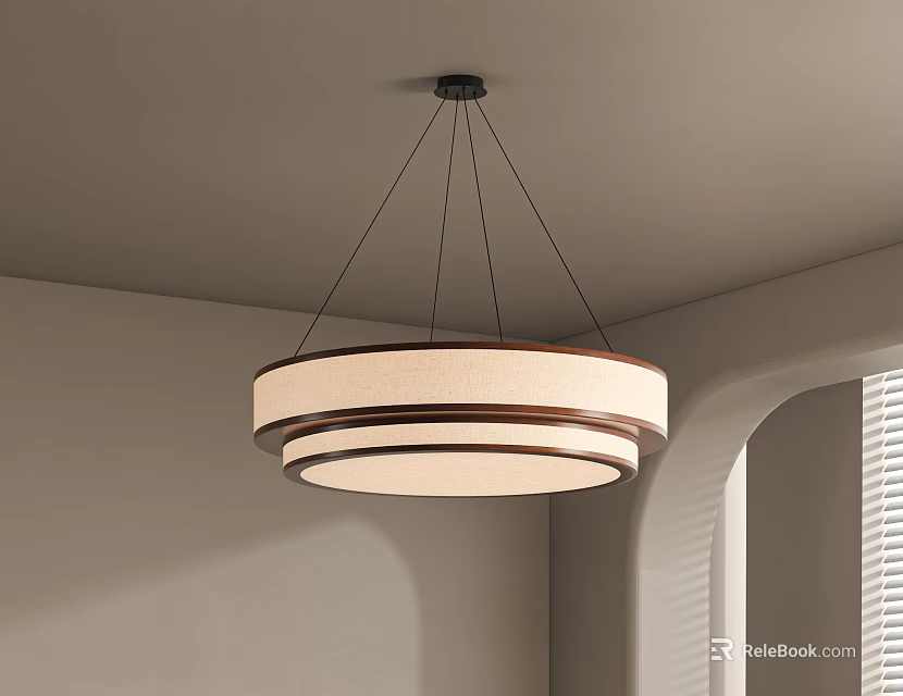 Modern Round Chandelier With Wooden Frame And Fabric Shade In Interior Room 3d model 