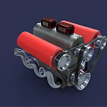 Red Silver Black 3D Modeled Mechanical Engine With Cylindrical Parts And Metal Pipes