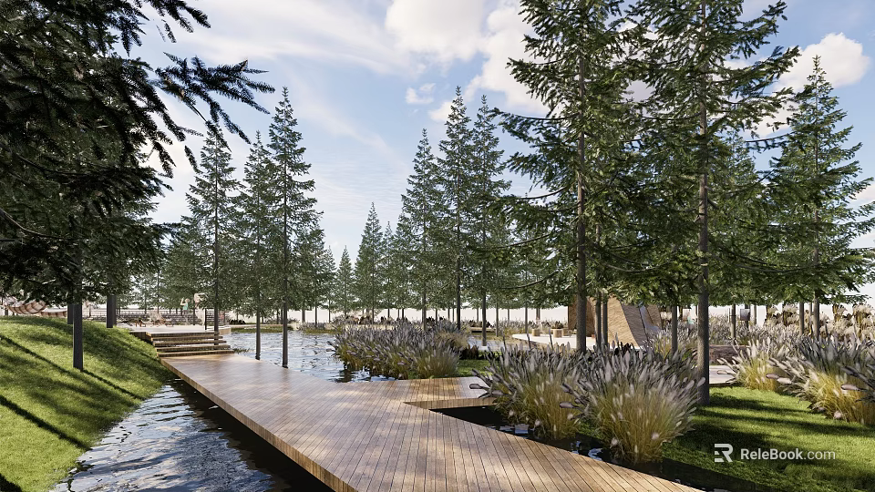 Park Landscape Featuring Wooden Boardwalk Water Channel Tall Pine Trees Green Grasses And Lawn 3d model 