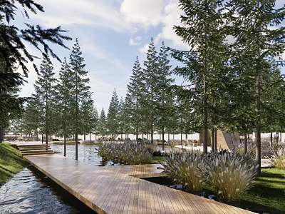 Park Landscape Featuring Wooden Boardwalk Water Channel Tall Pine Trees Green Grasses And Lawn 3d model