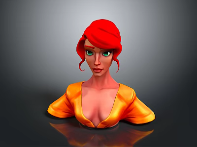 3D Render Female Character With Red Curly Hair Green Eyes And Orange Upper Outfit 3d model
