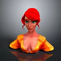 3D Render Female Character With Red Curly Hair Green Eyes And Orange Upper Outfit